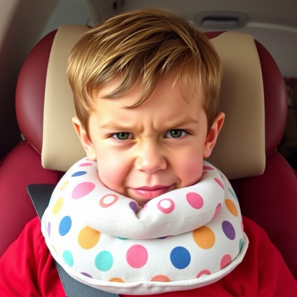 unhappy child with uncomfortable neck travel pillow making a face